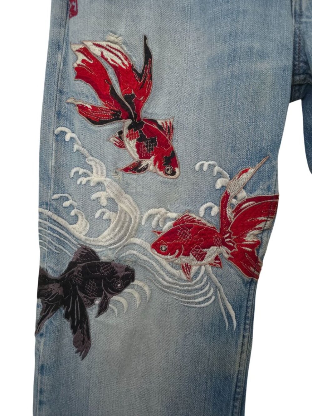 Karakuri Tamashii Japanese Denim Jeans w/ Embroidered Koi Fish & Wave Design 32 - Picture 7 of 13